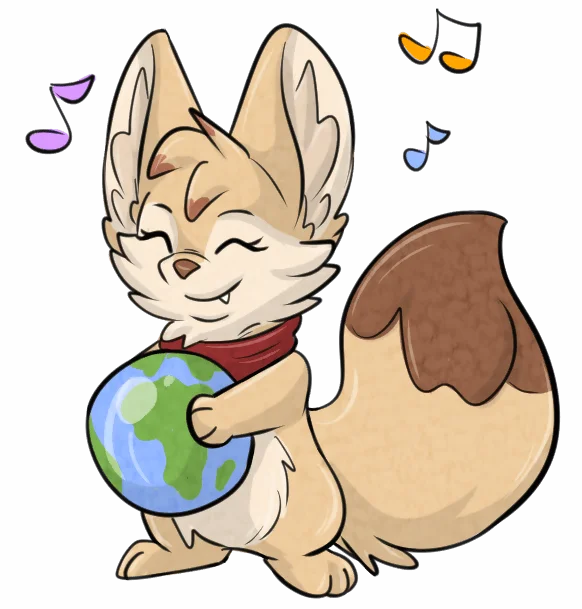 Little cute Fennec Fox holding the Earth in her paws. Cute and happy